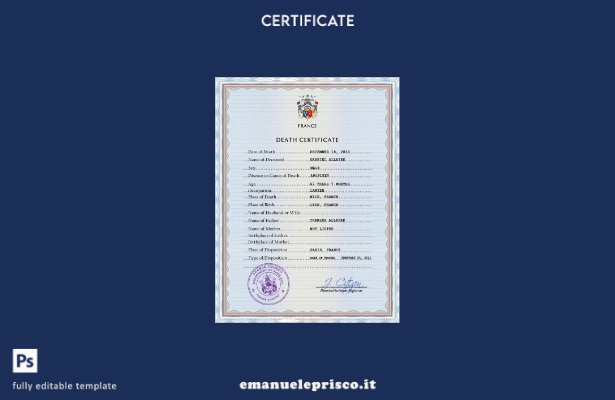 modello PSD del certificato di morte del documento di stato civile in stile veri